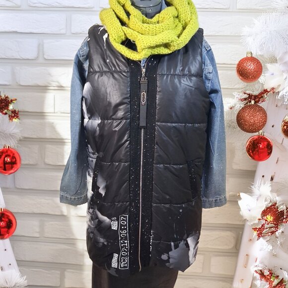 Black White Rose with Crystals Hooded Puffer Vest XL - Picture 14 of 15